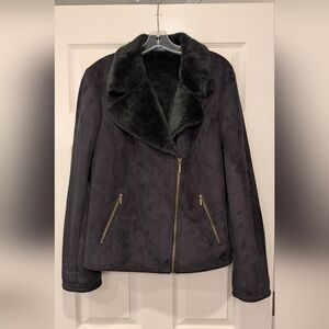 Chaps Fleece Lined Faux Suede Black Moto Winter Jacket Front Zip Fur Collar Sz L